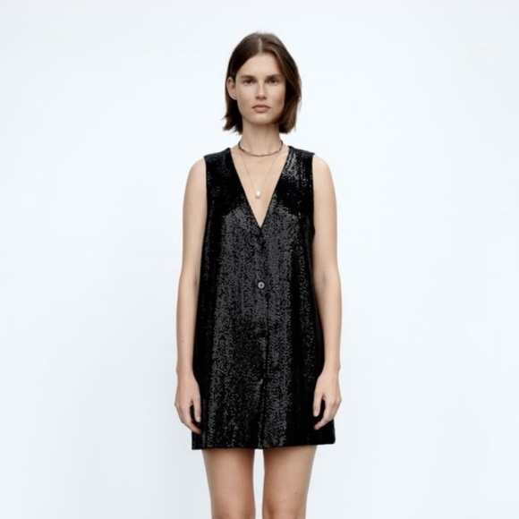 ZARA Black Sequin Sleeveless Vest V Neck Button Down Dress Sz XS - Picture 1 of 6